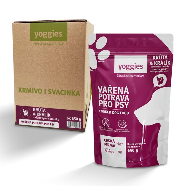 Yoggies - Vařená potrava pro psy – krůtí a králičí 650g